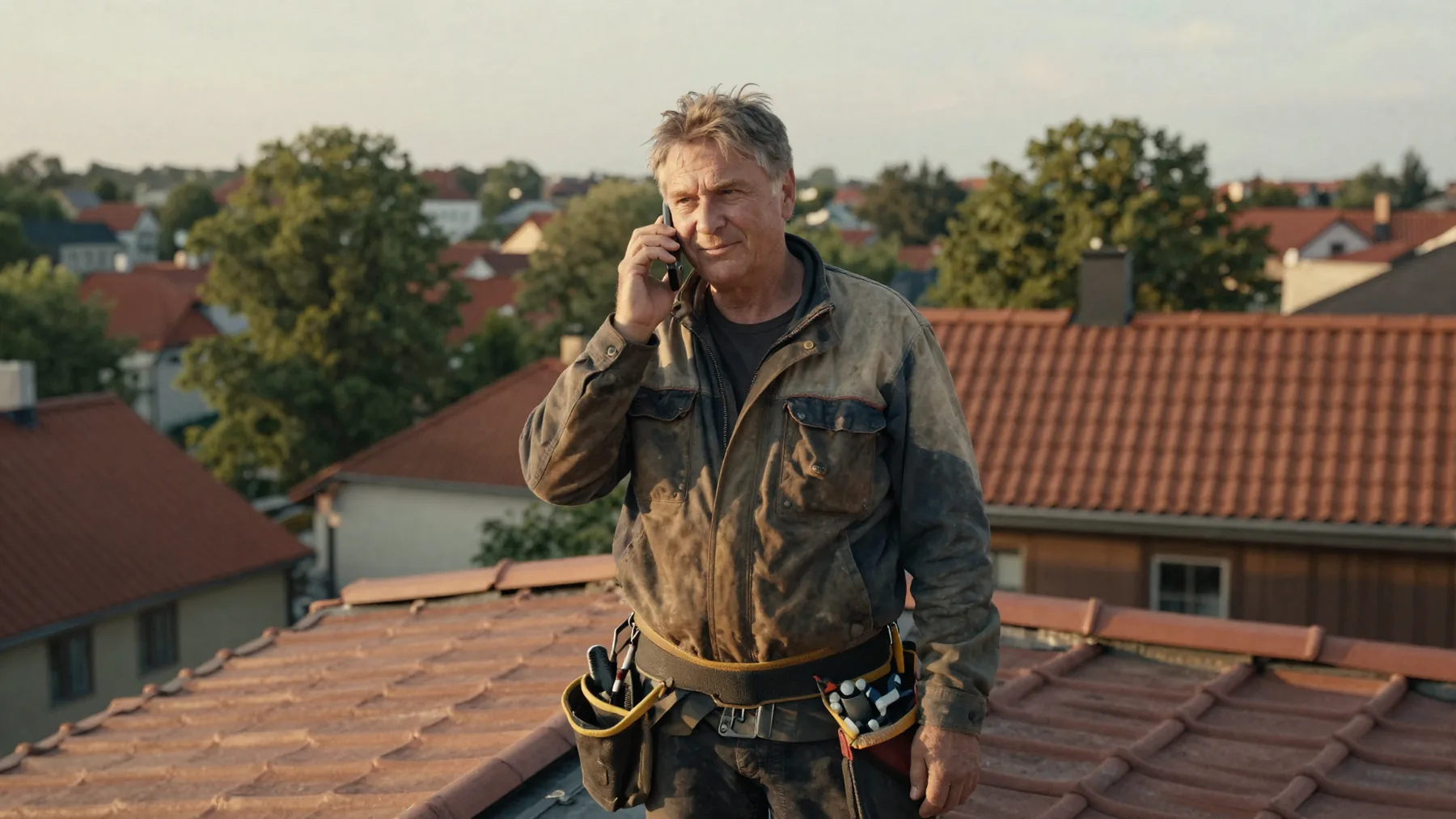 Takläggare uppe på ett tak svarar i telefon i morgonljus